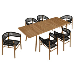 Vienna Natural/Black 7-Piece Outdoor Patio Teak and Rope Dining Set with Curved-Back Armchairs - Ornate Home