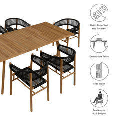Vienna Natural/Black 7-Piece Outdoor Patio Teak and Rope Dining Set with Curved-Back Armchairs - Ornate Home