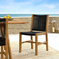Vienna Natural/Black Outdoor Patio Teak and Rope Armless Dining Chairs (Set of 2) - Ornate Home