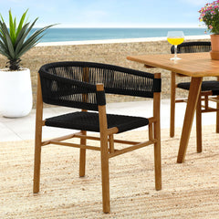 Vienna Natural/Black Outdoor Patio Teak and Rope Curved-Back Dining Armchairs (Set of 2) - Ornate Home