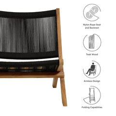 Vienna Natural/Black Outdoor Patio Teak and Rope Folding Accent Lounge Chair - Ornate Home