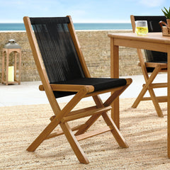 Vienna Natural/Black Outdoor Patio Teak and Rope Folding Chairs (Set of 4) - Ornate Home