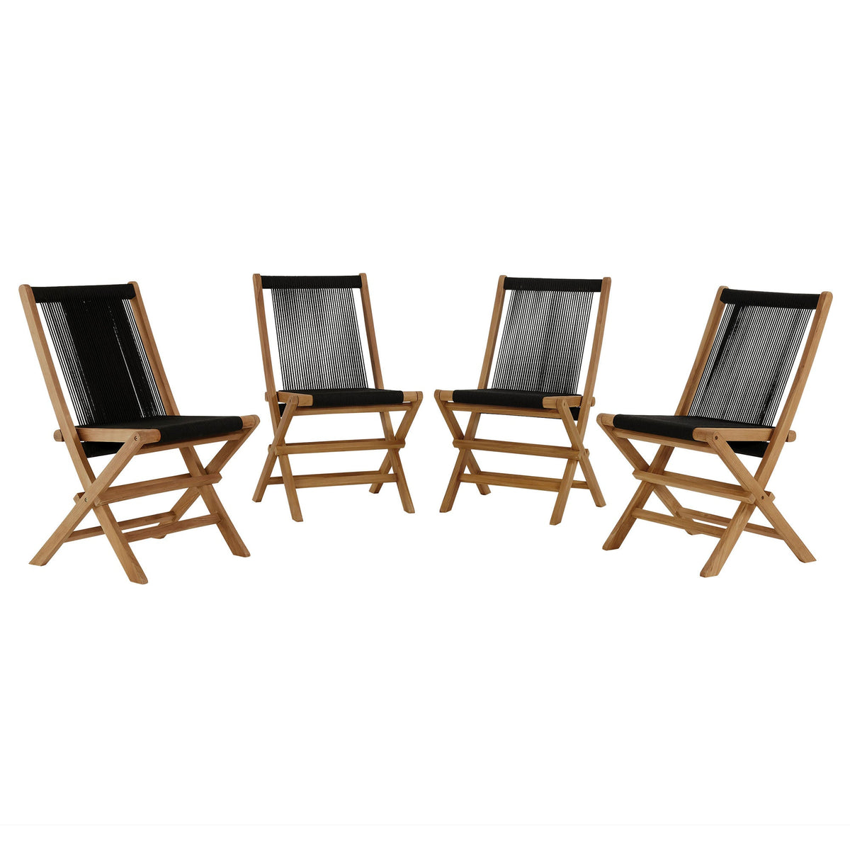 Vienna Natural/Black Outdoor Patio Teak and Rope Folding Chairs (Set of 4) - Ornate Home