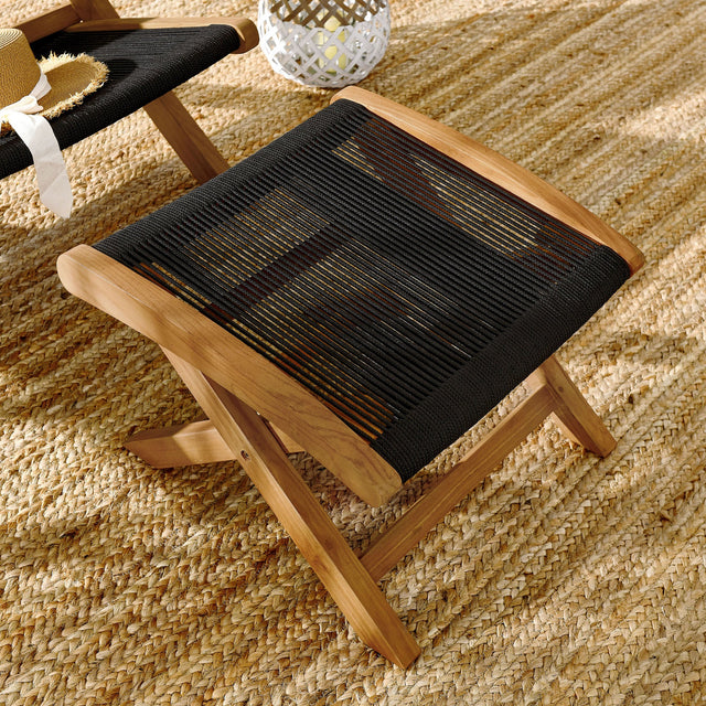 Vienna Natural/Black Outdoor Patio Teak and Rope Folding Ottoman - Ornate Home