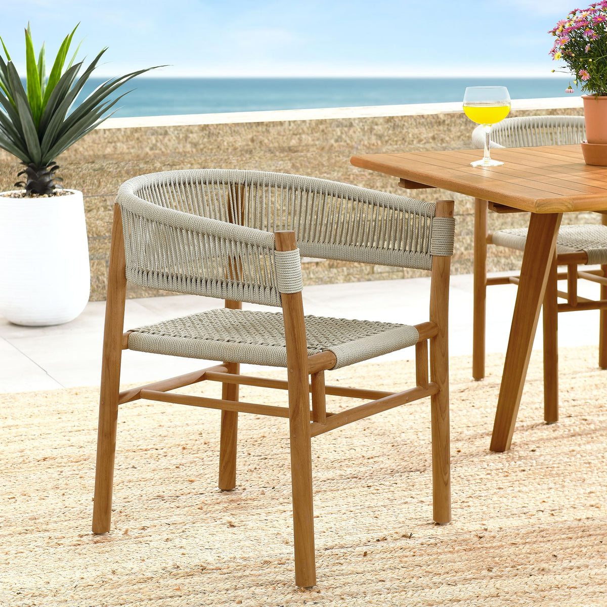 Vienna Natural Outdoor Patio Teak and Rope Curved-Back Dining Armchairs (Set of 2) - Ornate Home