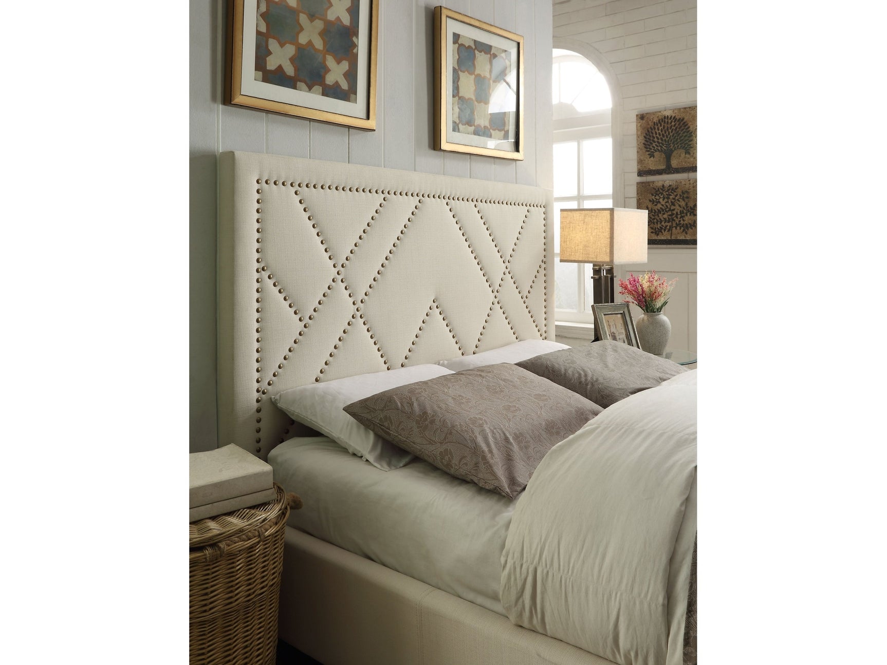 Vienne Nailhead Patterned Upholstered Headboard in Powder - Ornate Home