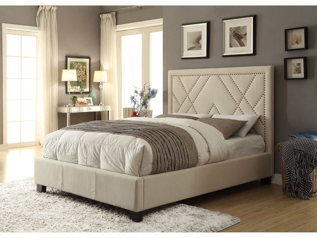 Vienne Nailhead Upholstered Full Platform Storage Bed in Powder - Ornate Home