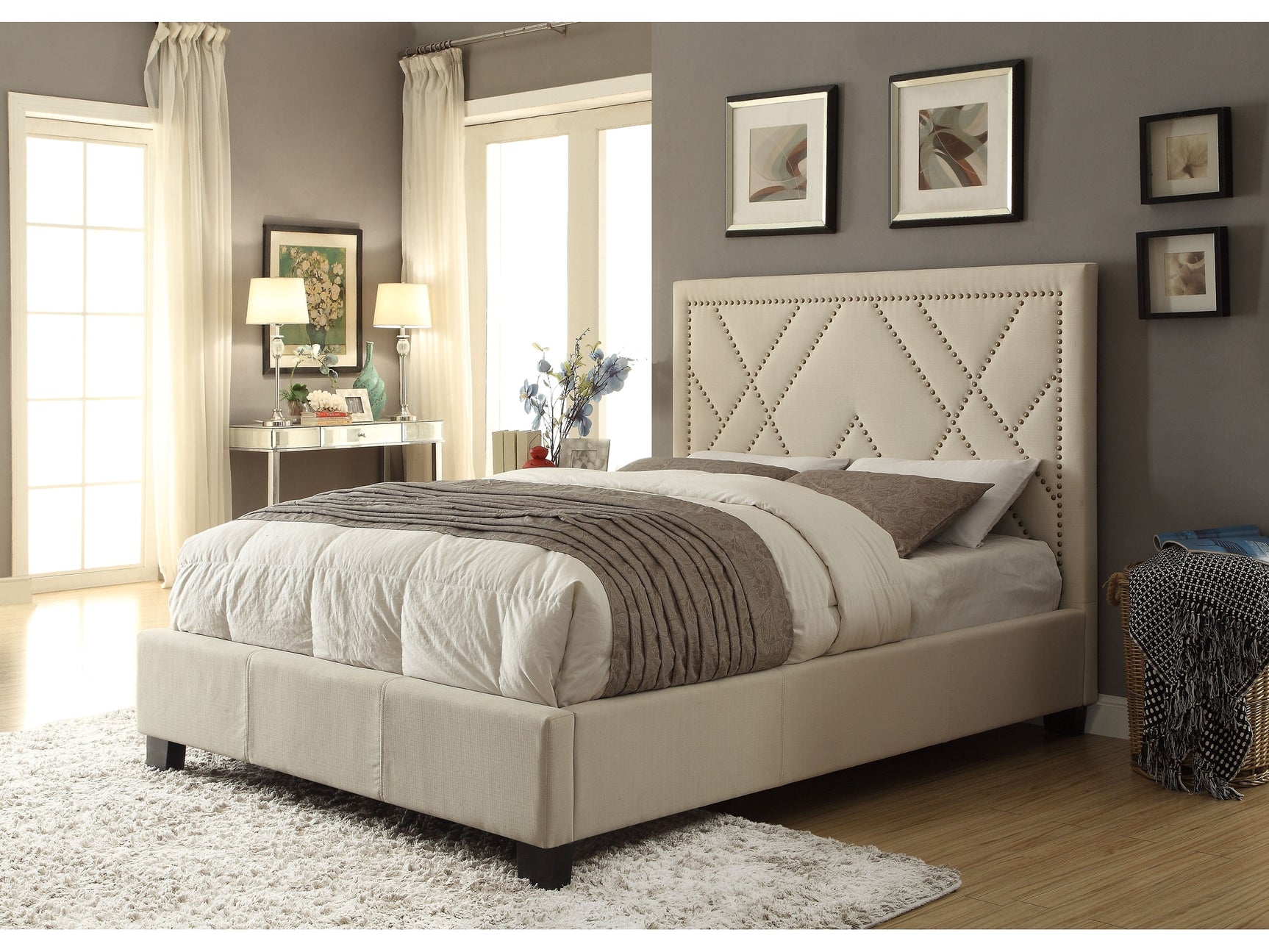 Vienne Nailhead Upholstered Full Platform Storage Bed in Powder - Ornate Home