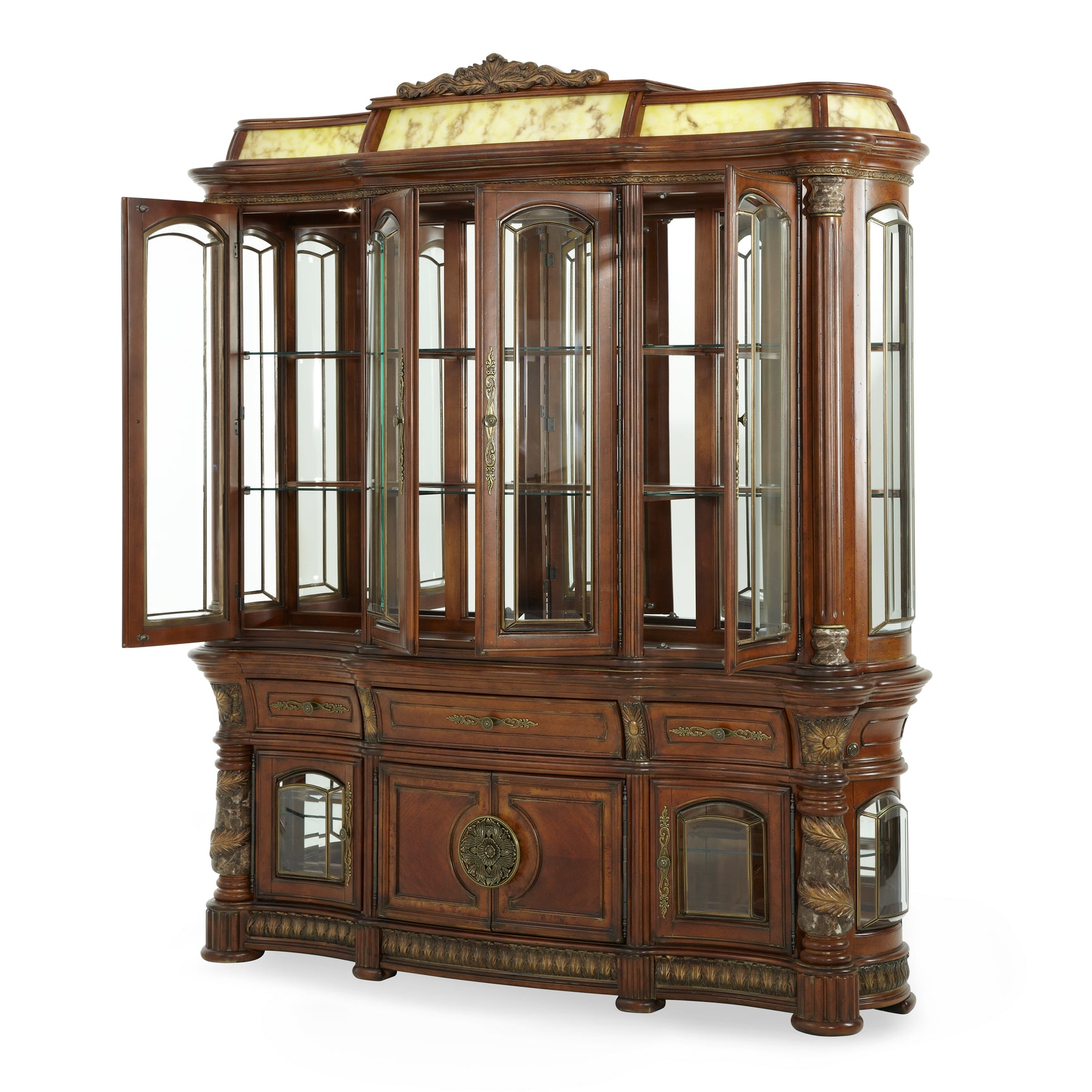 Villa Valencia Classic Chestnut China Buffet with Lighted Top - Ornate Home