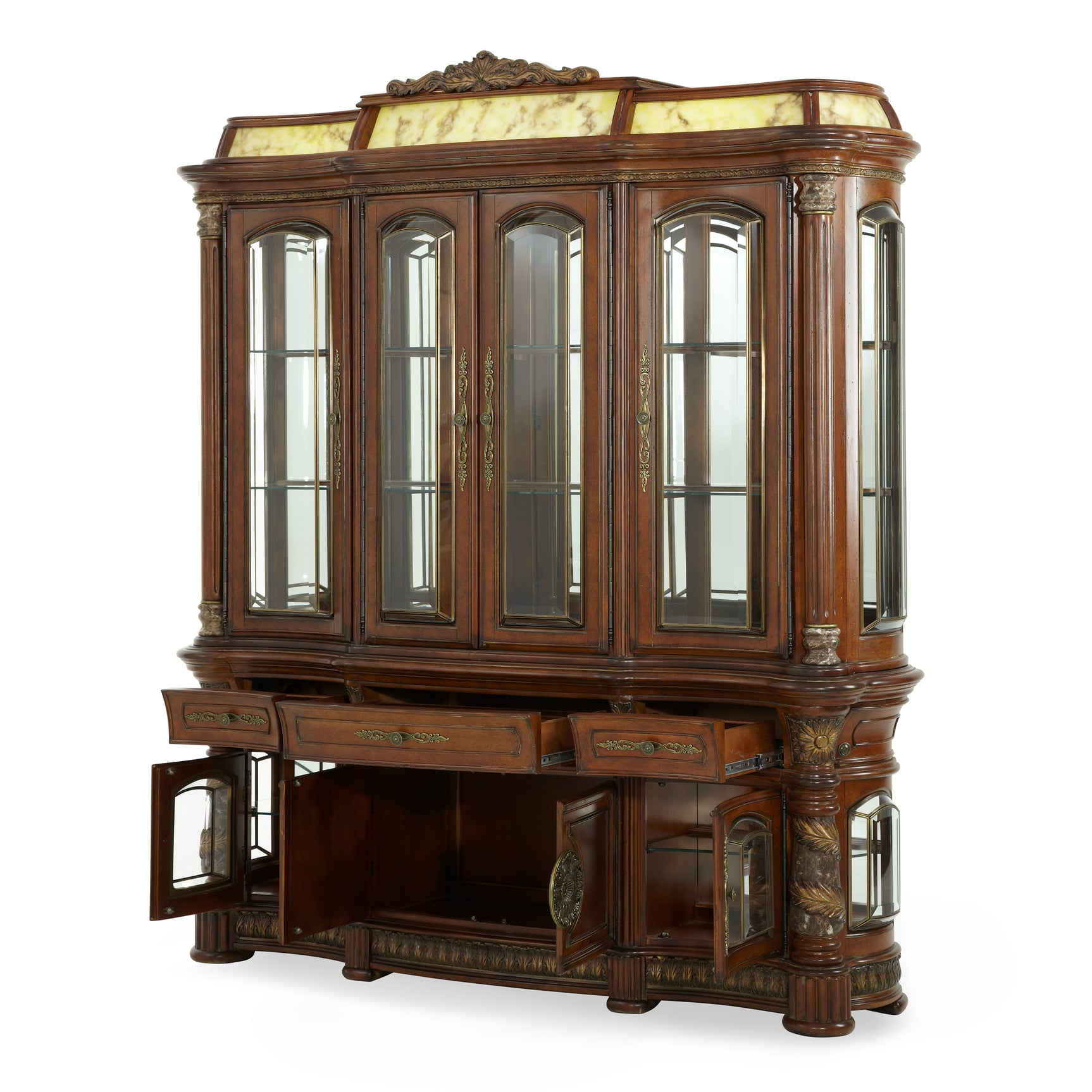 Villa Valencia Classic Chestnut China Buffet with Lighted Top - Ornate Home