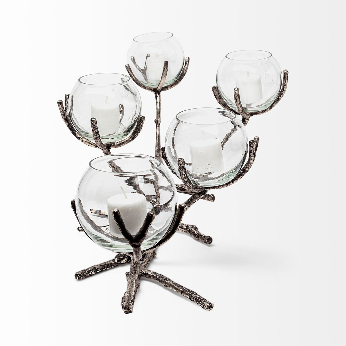 Vine Silver Distressed Metal Creeper Five Candle Table Candle Holder - Ornate Home