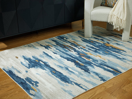 Vinlett Cream/Blue/Brown 5' x 7' Washable Rug - Ornate Home