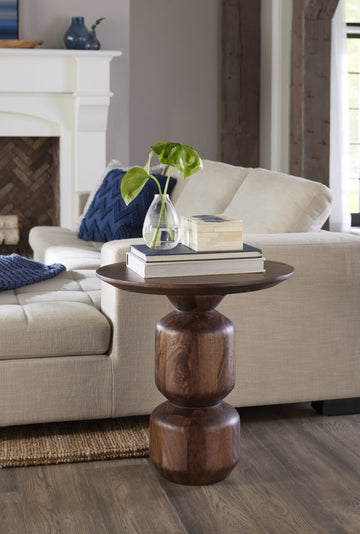 Virton Smoked Brown Solid Wood Round End Table - Ornate Home