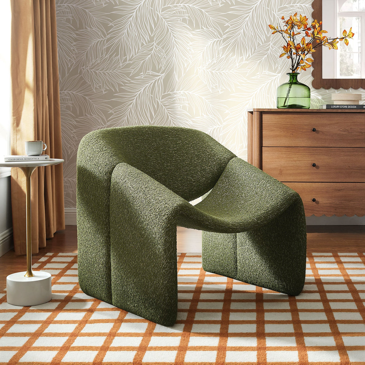 Vivi Olive Looped Textural Fabric Curved Arm Accent Chair - Ornate Home