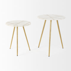 Vivienne White/Antiqued Gold Marble Metal Round Large Accent Table - Ornate Home
