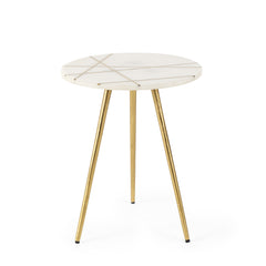 Vivienne White/Antiqued Gold Marble Metal Round Small Side Table - Ornate Home