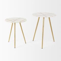 Vivienne White/Antiqued Gold Marble Metal Round Small Side Table - Ornate Home