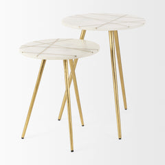 Vivienne White/Antiqued Gold Marble Metal Round Small Side Table - Ornate Home