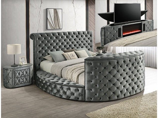 Voltare Gray Queen Bed w/ Fireplace and TV Lift - Ornate Home