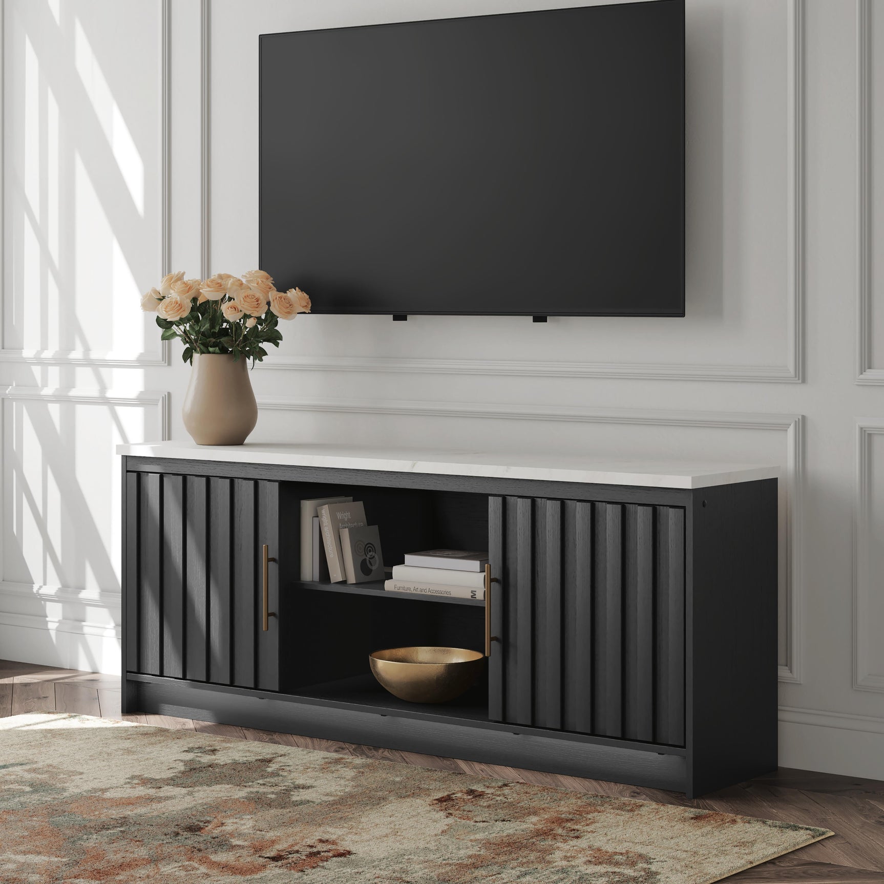 Cadmori Black/White XL TV Stand w/Fireplace Option