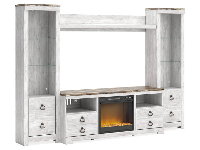 Willowton Whitewash 4-Piece Entertainment Center with Electric Fireplace - Ornate Home