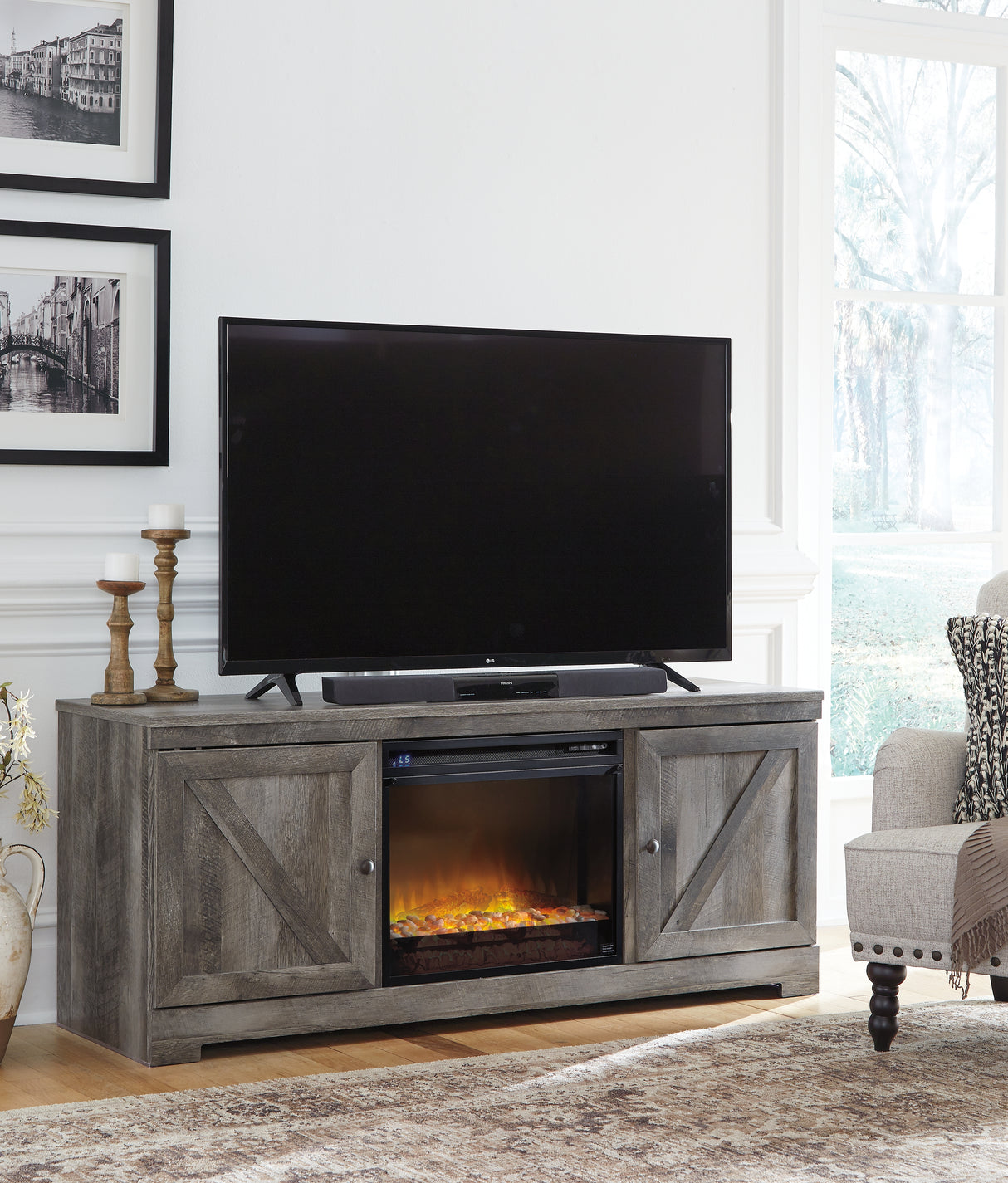 Wynnlow Gray 63" TV Stand with Electric Fireplace - Ornate Home