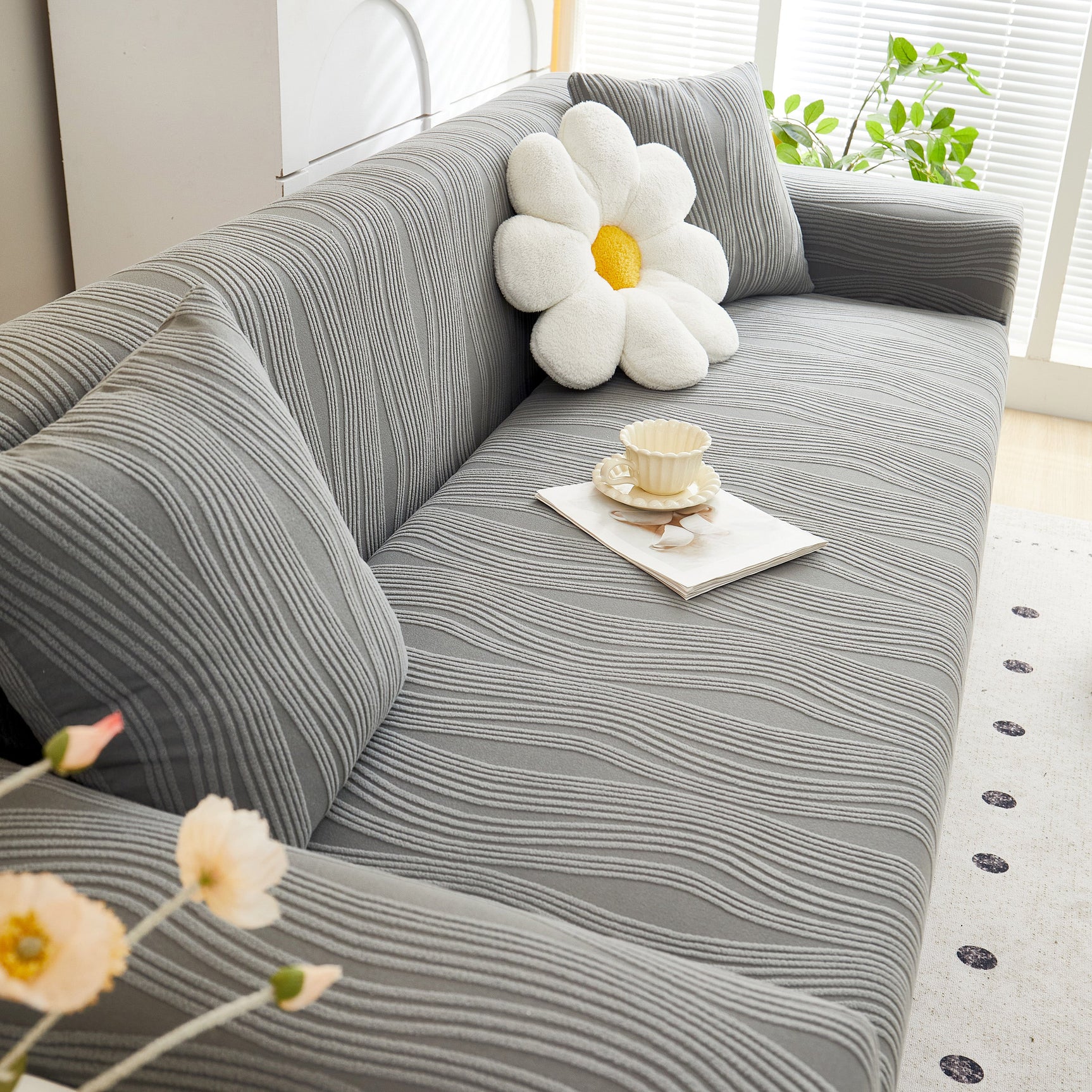 Textured Wave Stretch Sofa Couch Cover, Soft Washable Spandex Furniture Slipcovers