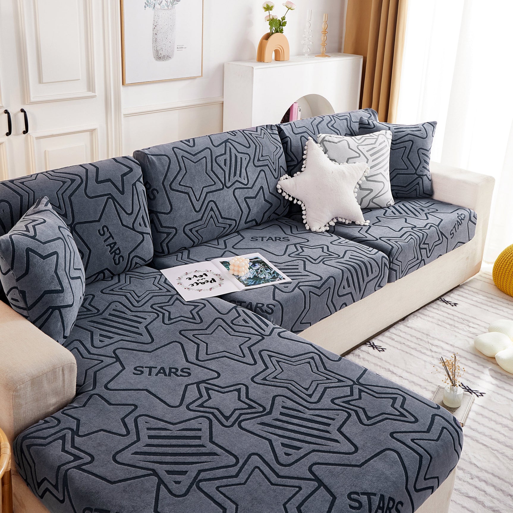 Starry Sky Jacquard Fleece Stretchable Non-Slip Cushion Covers Furniture Covers for L-Shaped Couch