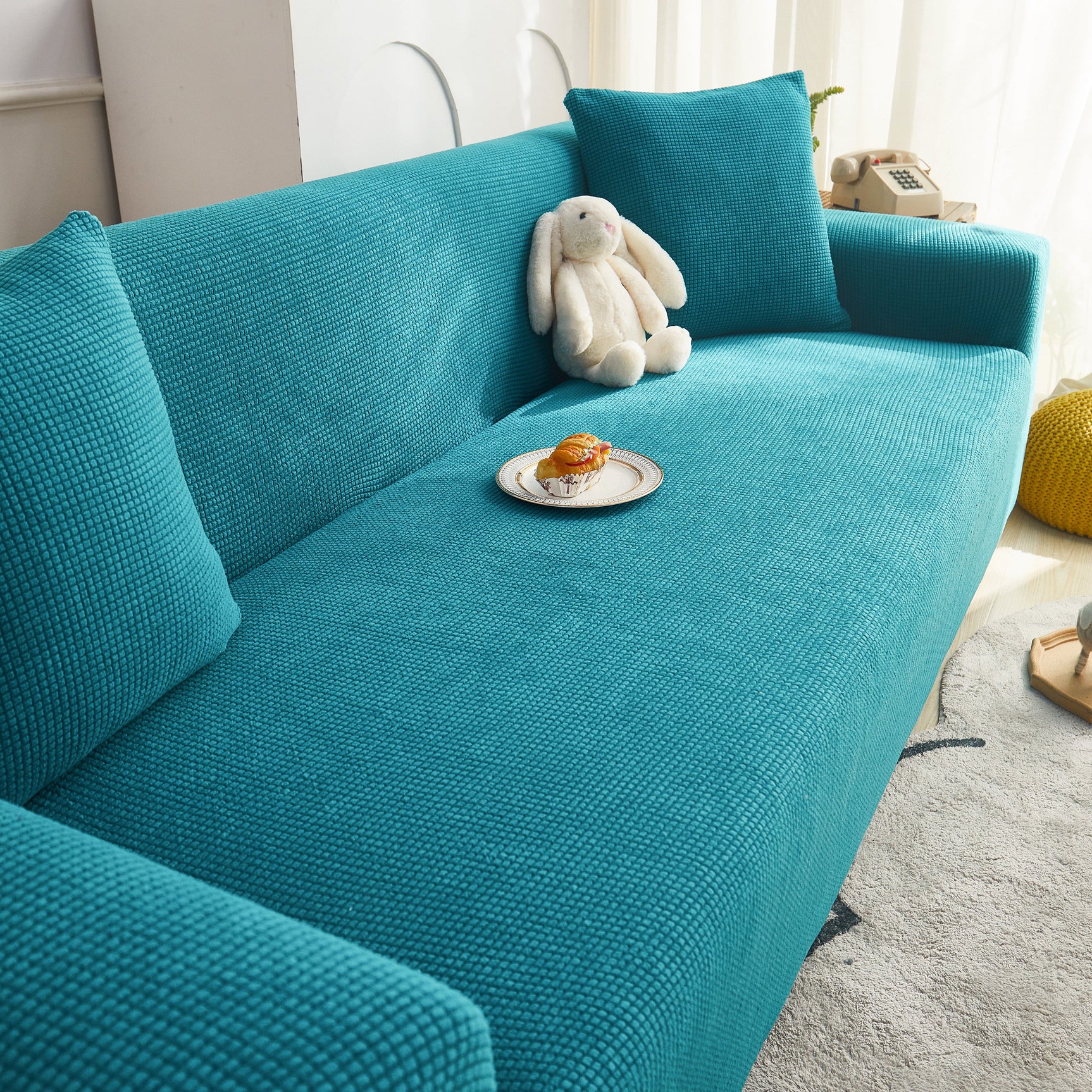 Grid Textured Stretch Sofa Cover, Soft Elastic Slipcover for Couch Protection