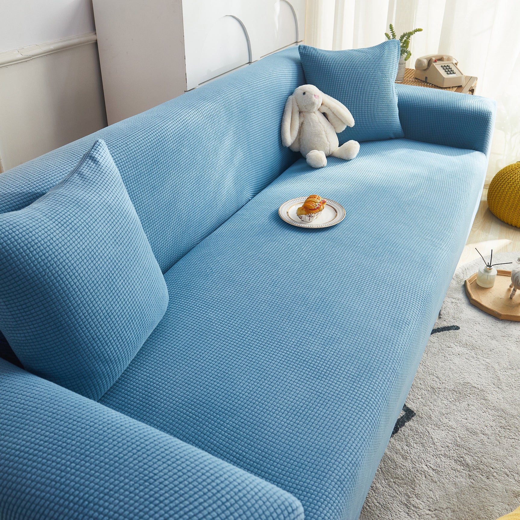 Grid Textured Stretch Sofa Cover, Soft Elastic Slipcover for Couch Protection