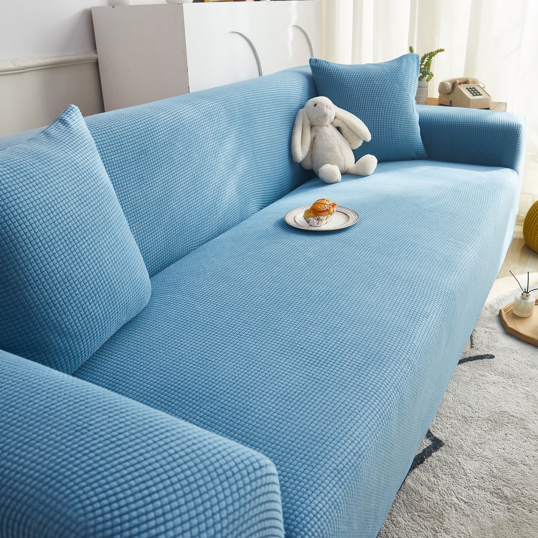 Grid Textured Stretch Sofa Cover, Soft Elastic Slipcover for Couch Protection