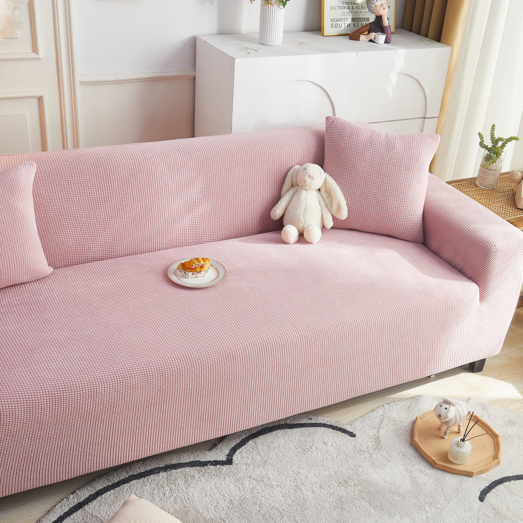 Grid Textured Stretch Sofa Cover, Soft Elastic Slipcover for Couch Protection