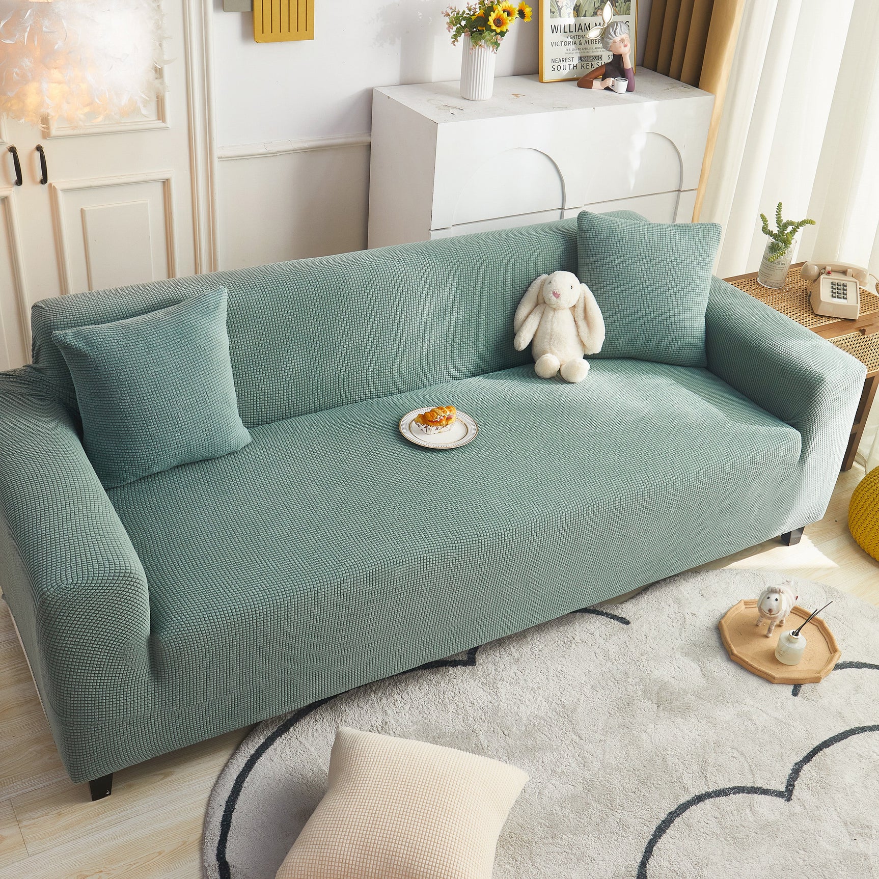 Grid Textured Stretch Sofa Cover, Soft Elastic Slipcover for Couch Protection