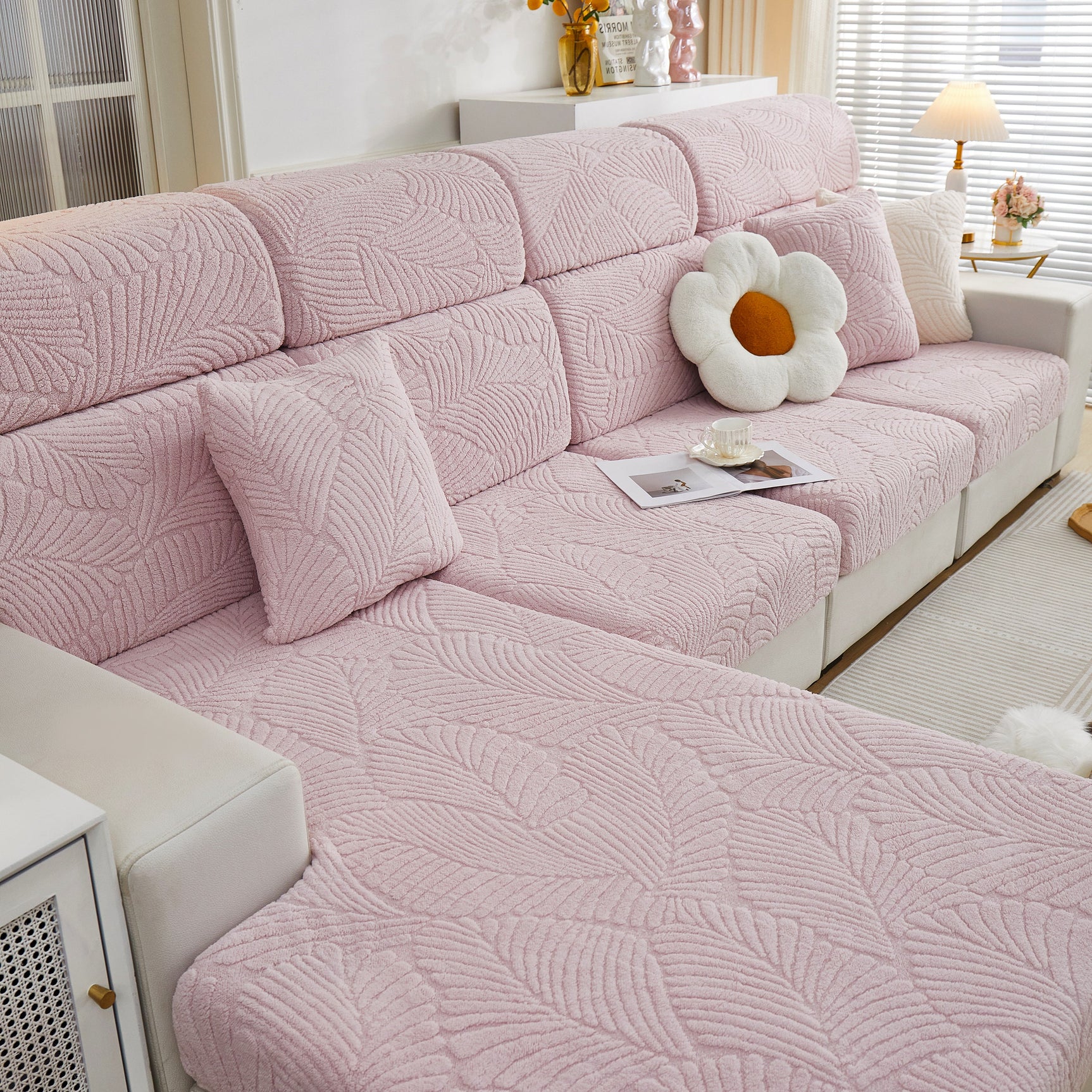 Cozy Plush Coral Fleece Sofa Cushion Slipcovers, Stretch Leaves Cushion Covers, Furniture Slipcovers