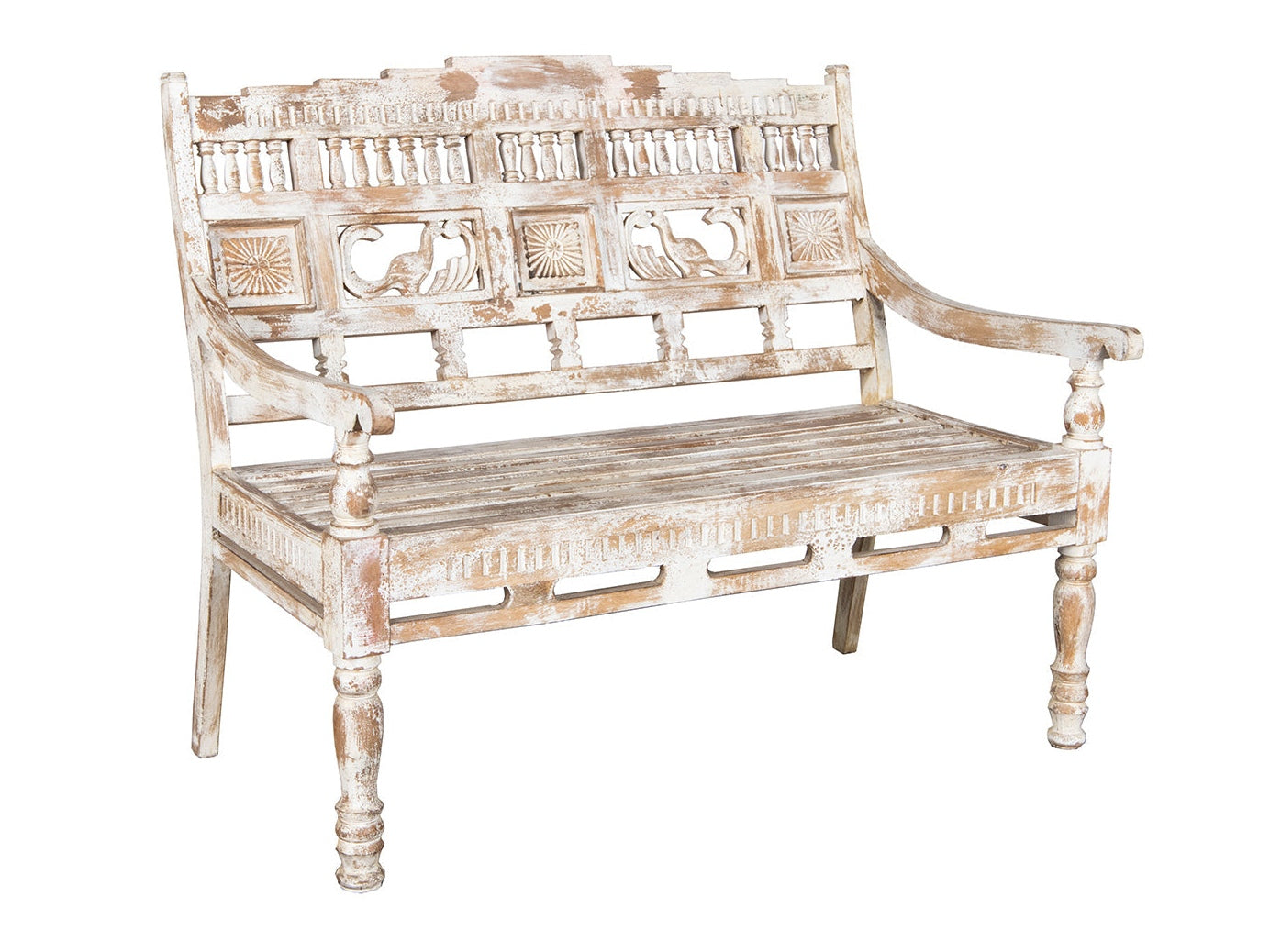 WD Distressed Carved Bench - Ornate Home