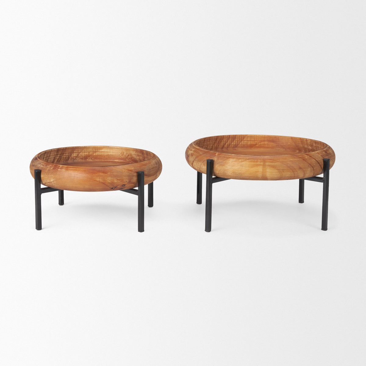 Wally Medium Brown/Matte Black Round Wood Metal Stand Trays - Ornate Home