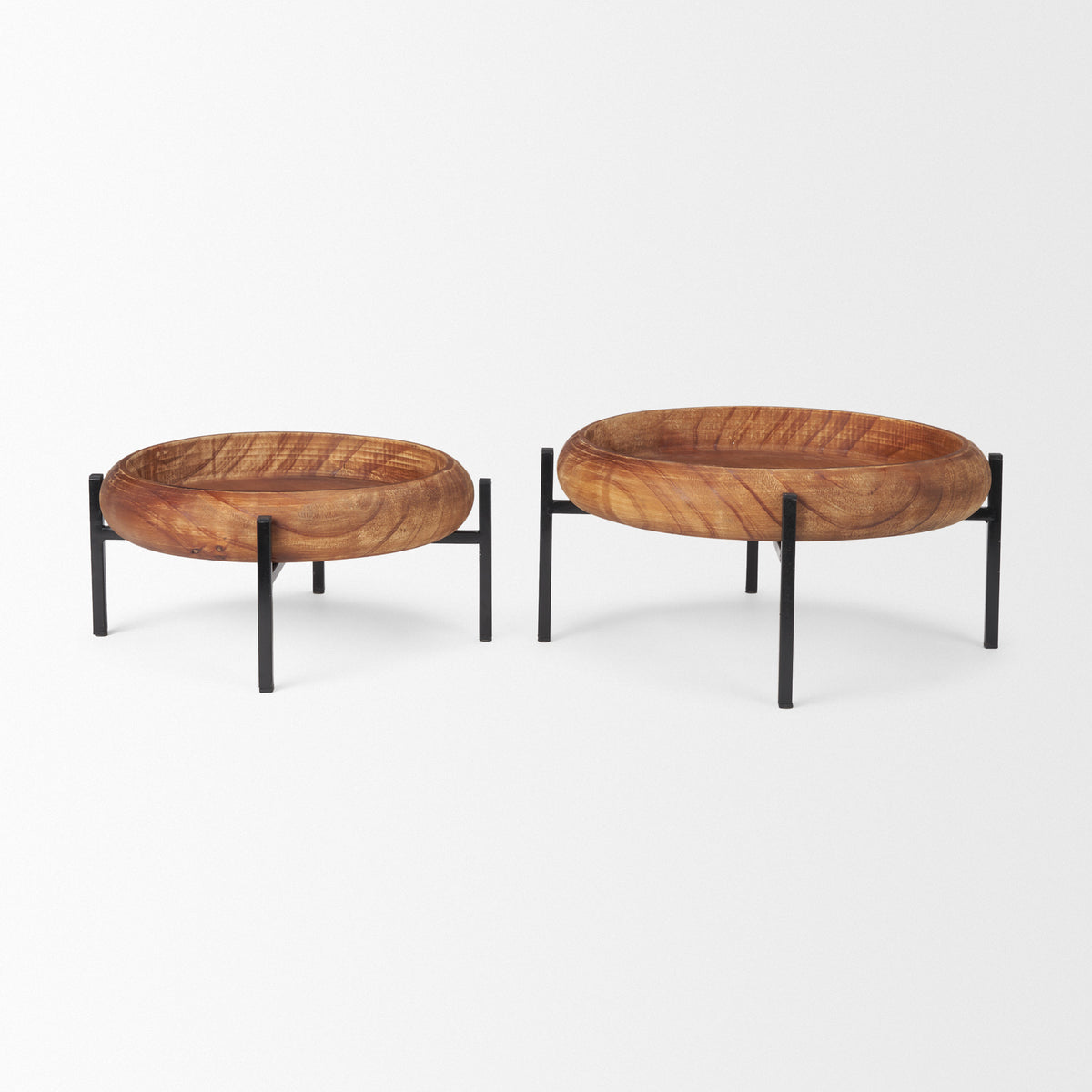 Wally Medium Brown/Matte Black Round Wood Metal Stand Trays - Ornate Home