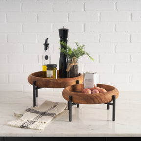 Wally Medium Brown/Matte Black Round Wood Metal Stand Trays - Ornate Home