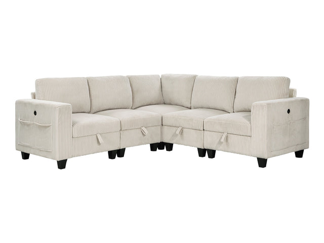 Walterboro Beige 5-Piece Sectional with Storage, Storage Pouches and Charging Ports - Ornate Home