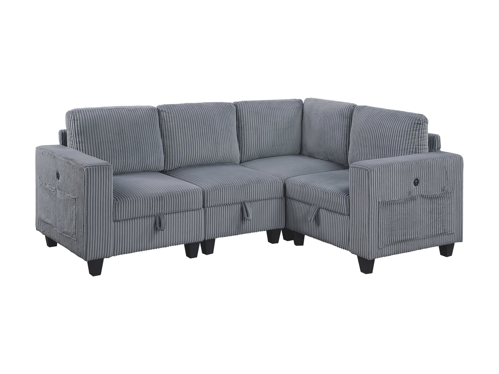 Walterboro Dark Gray 4-Piece Sectional with Storage, Storage Pouches and Charging Ports - Ornate Home