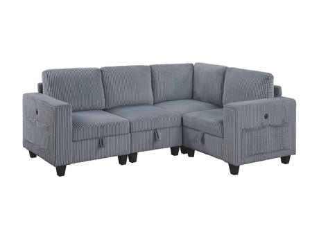 Walterboro Dark Gray 4-Piece Sectional with Storage, Storage Pouches and Charging Ports - Ornate Home