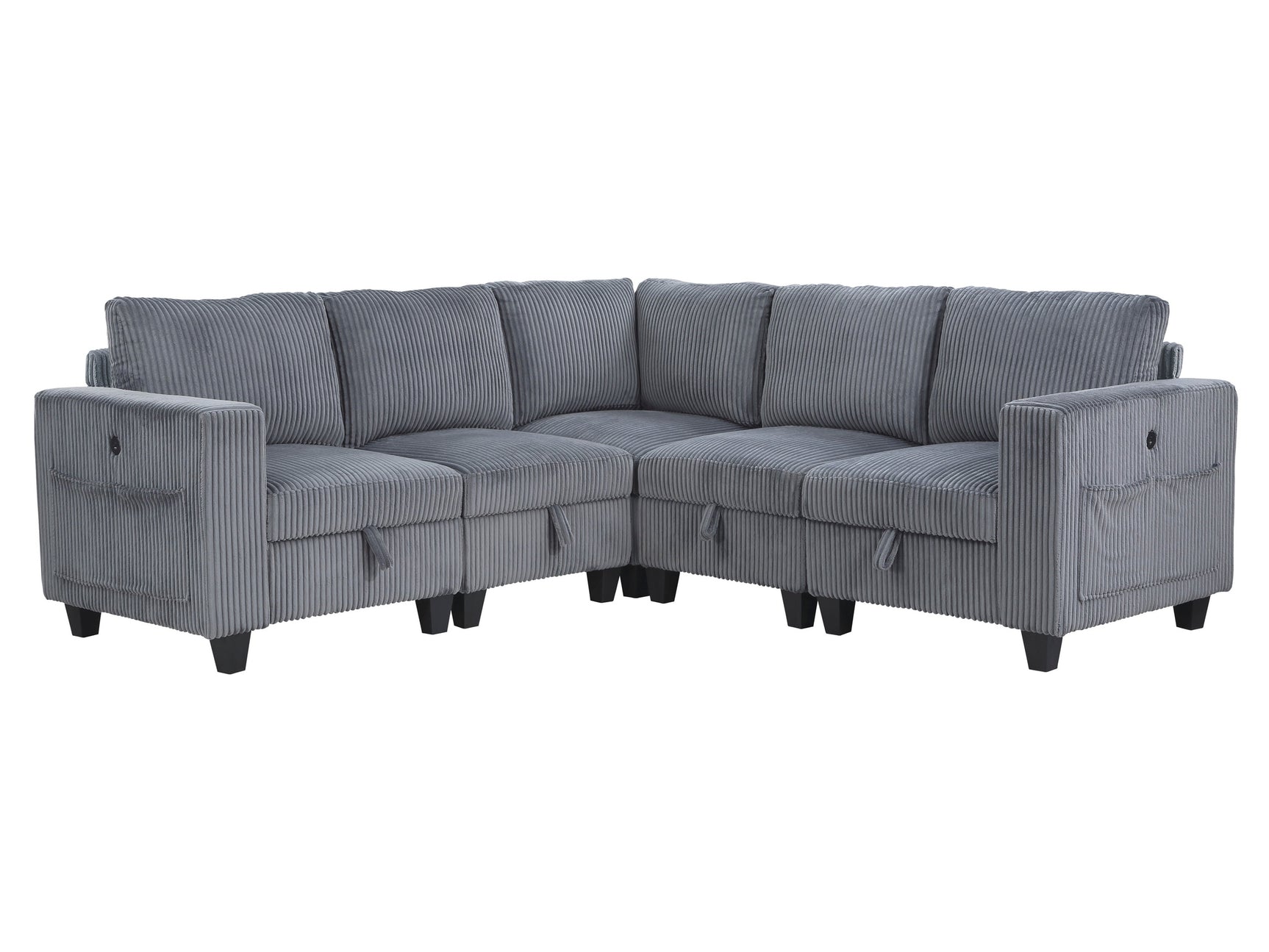 Walterboro Dark Gray 5-Piece Sectional with Storage, Storage Pouches and Charging Ports - Ornate Home