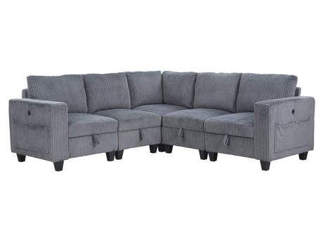 Walterboro Dark Gray 5-Piece Sectional with Storage, Storage Pouches and Charging Ports - Ornate Home