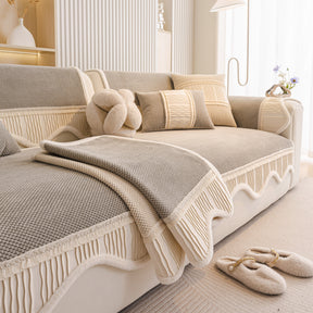Washable Sofa Throw Pad, Non-Slip Sofa Mat Cozy Couch Slipcover with Soft Furry Trim - Ornate Home