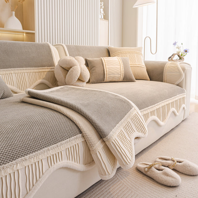 Washable Sofa Throw Pad, Non-Slip Sofa Mat Cozy Couch Slipcover with Soft Furry Trim - Ornate Home