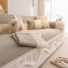 Washable Sofa Throw Pad, Non-Slip Sofa Mat Cozy Couch Slipcover with Soft Furry Trim - Ornate Home