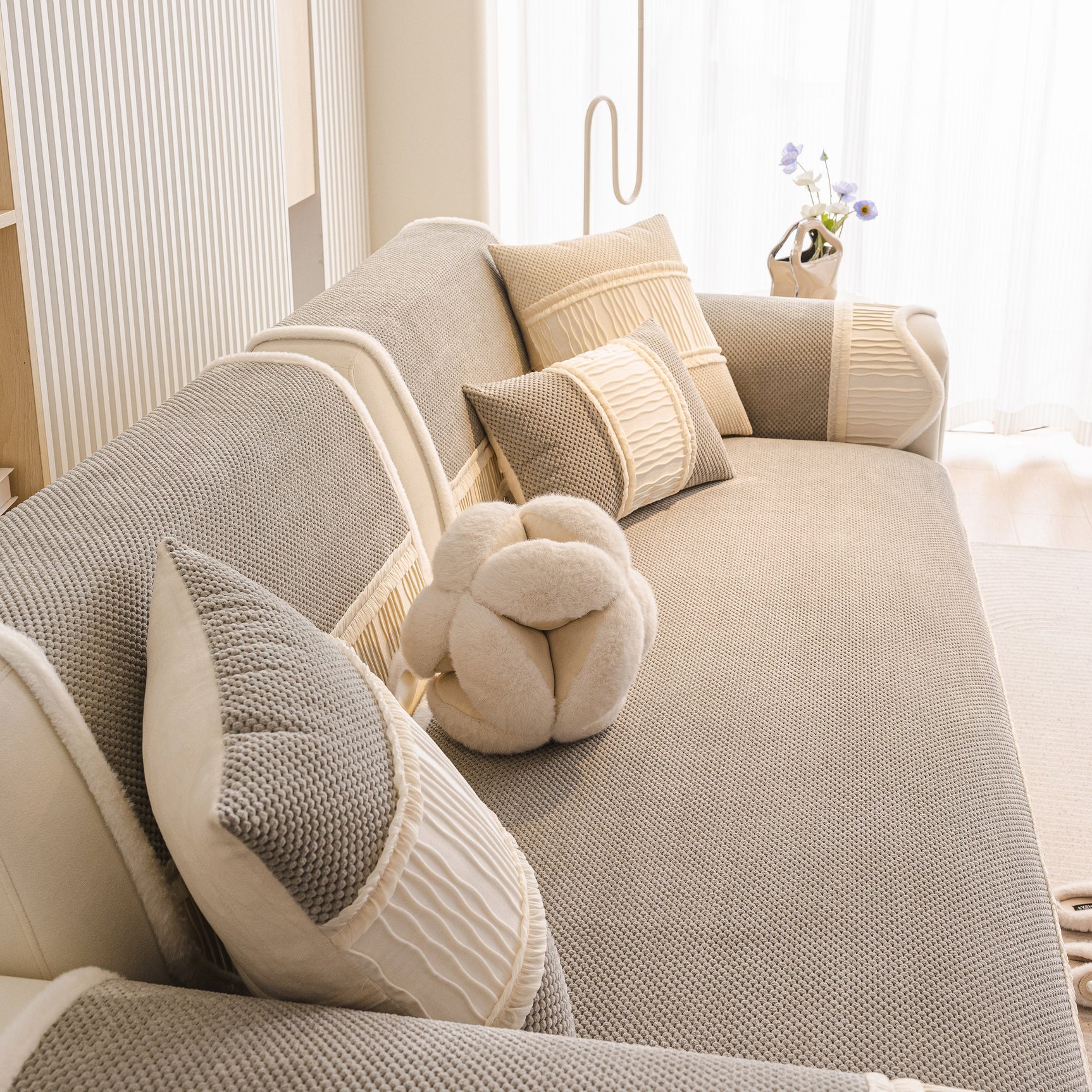 Washable Sofa Throw Pad, Non-Slip Sofa Mat Cozy Couch Slipcover with Soft Furry Trim - Ornate Home