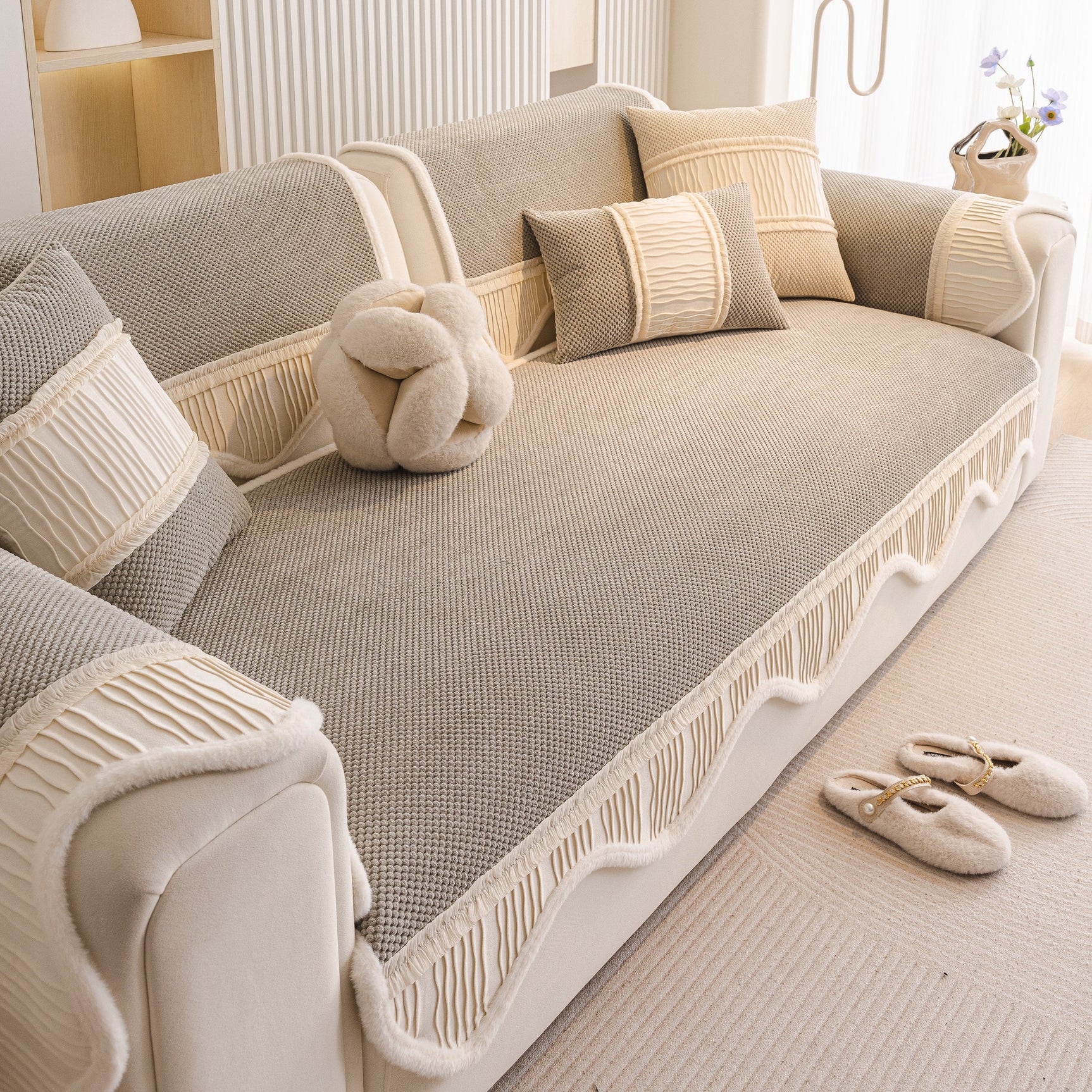 Washable Sofa Throw Pad, Non-Slip Sofa Mat Cozy Couch Slipcover with Soft Furry Trim - Ornate Home