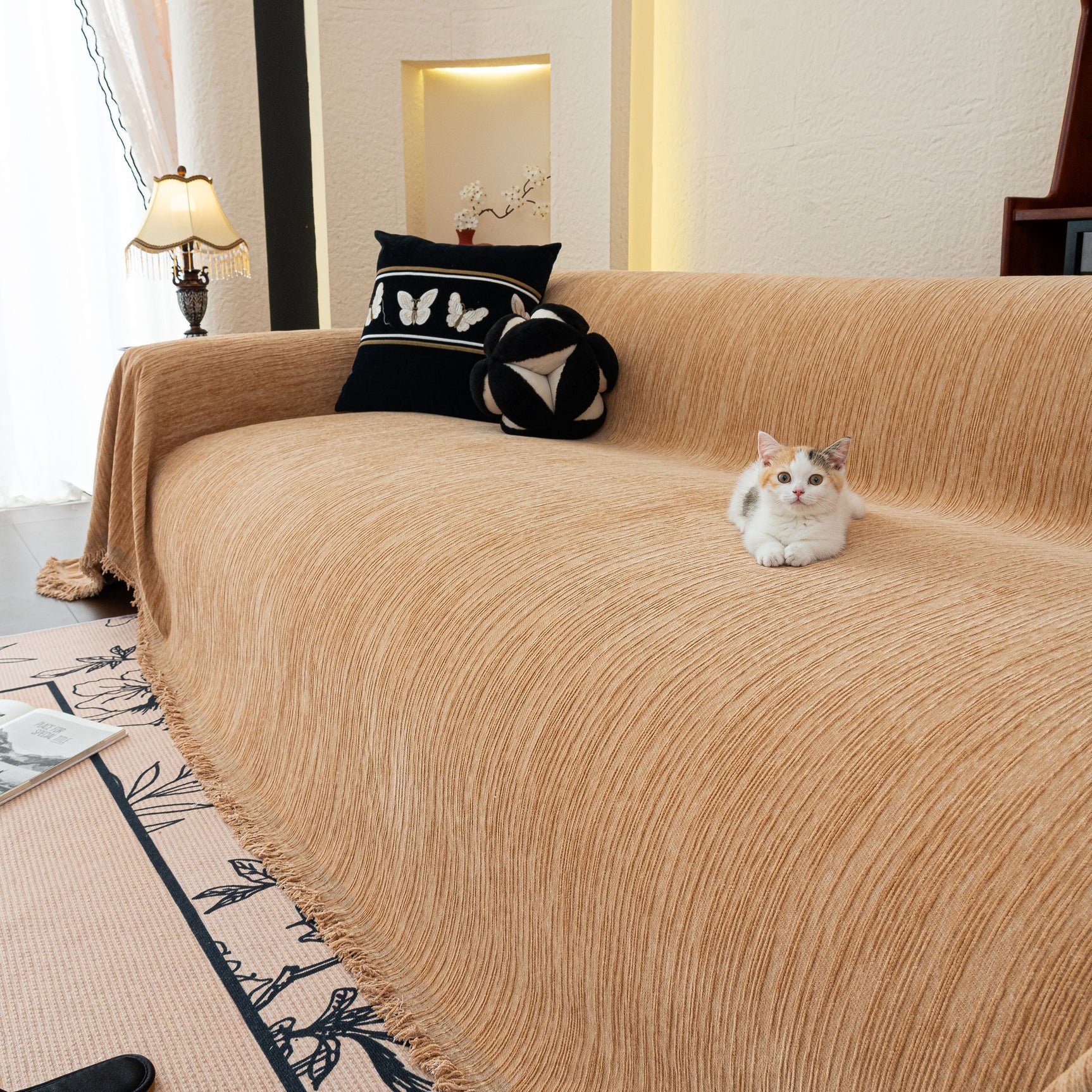 Washable Textured Sofa Cover Throw for Pets, Dogs Furniture Protector with Tassels - Ornate Home