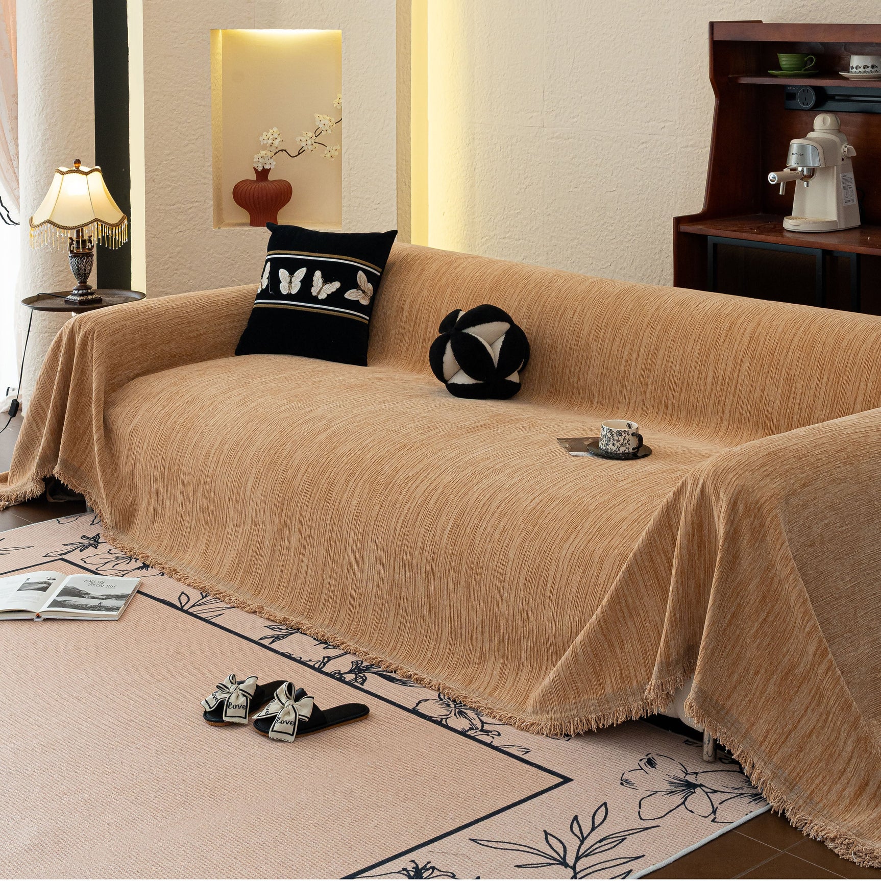 Washable Textured Sofa Cover Throw for Pets, Dogs Furniture Protector with Tassels - Ornate Home
